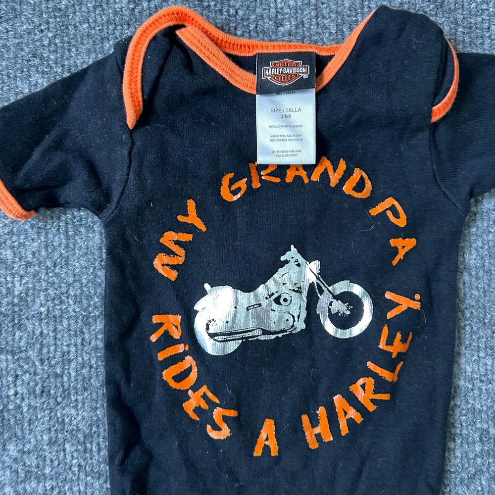 Harley-Davidson Bodysuit Baby 3/6M Black Orange My Grandpa Rides A Harley Cotton